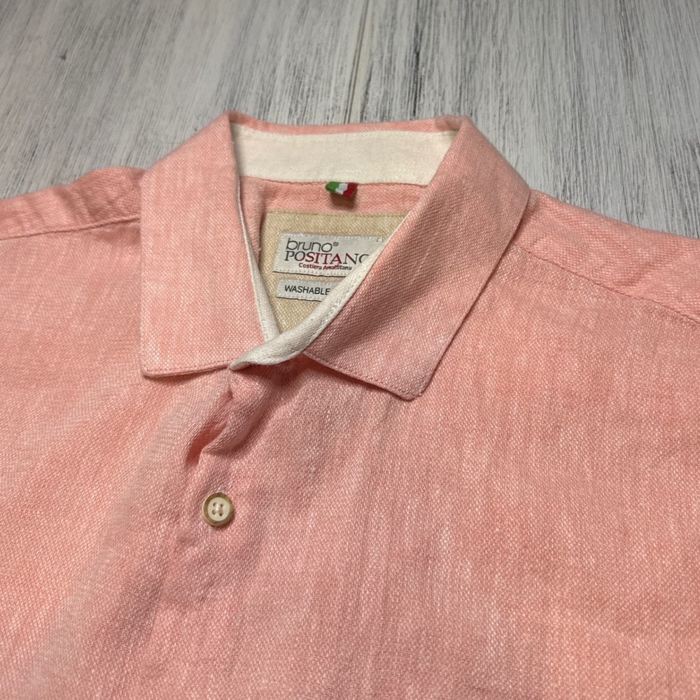 Bruno Positano Mens Large Peach Pink Washable Linen Blend Short Sleeve Shirt‎ L